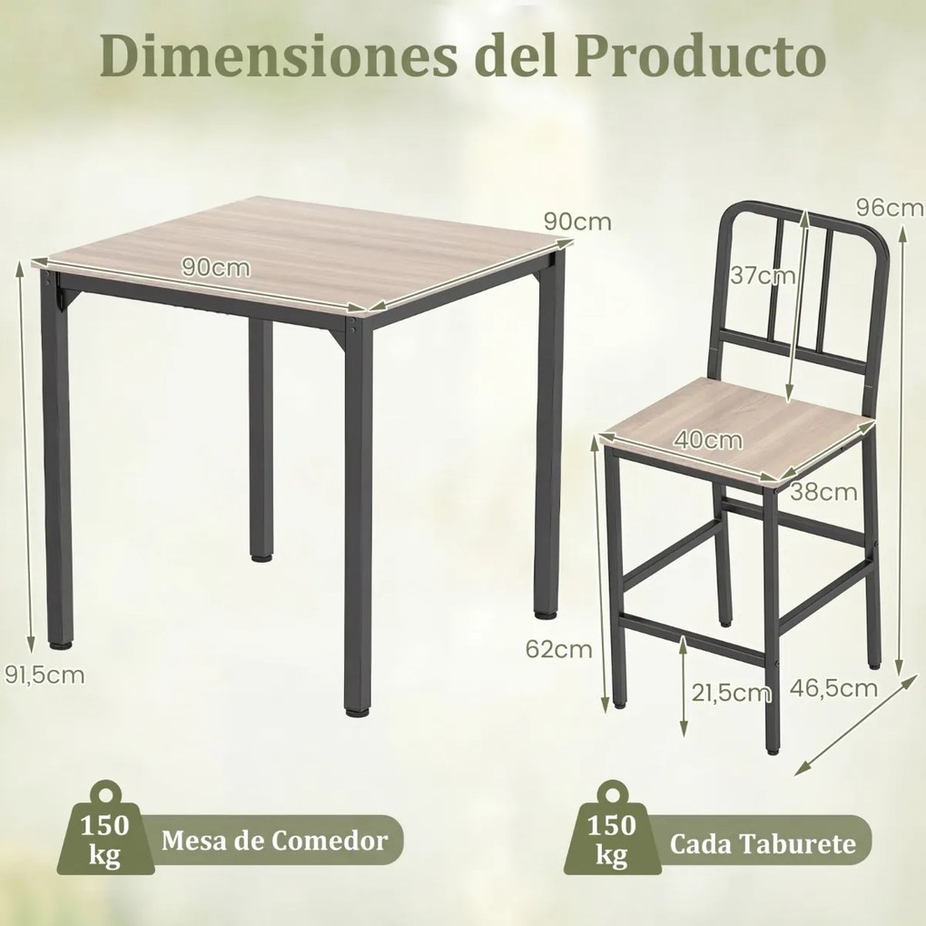 Conjunto de mesa de jantar alta e 4 bancos para 4 pessoas com estrutura metálica, mesa quadrada de estilo rústico Natural e Preto