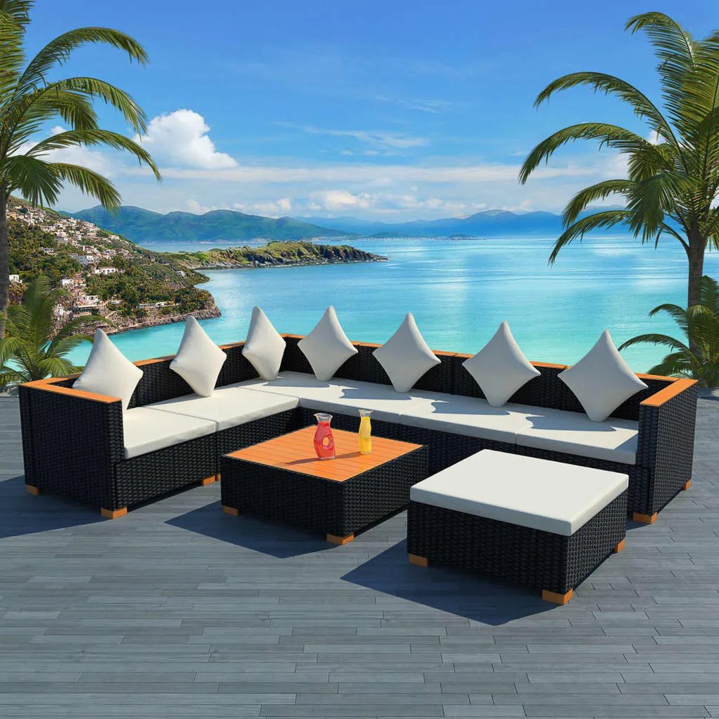 vidaXL 8 pcs conjunto lounge de jardim c/ almofadões vime PE preto