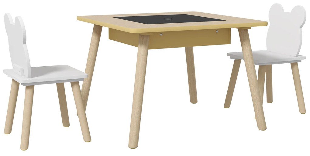 Conjunto de Mesa e 2 Cadeiras com Encosto em Forma de Ursinho e Compartimentos Ocultos Madeira e Branco