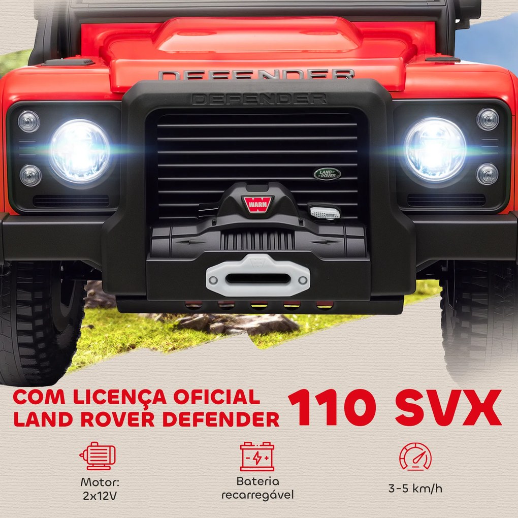 Carro Elétrico para Crianças com Licença Land Rover 12V Controlo Remoto Sistema de Suspensão USB MP3 Velocidade Ajustável Faróis 115x61x61 cm Vermelho