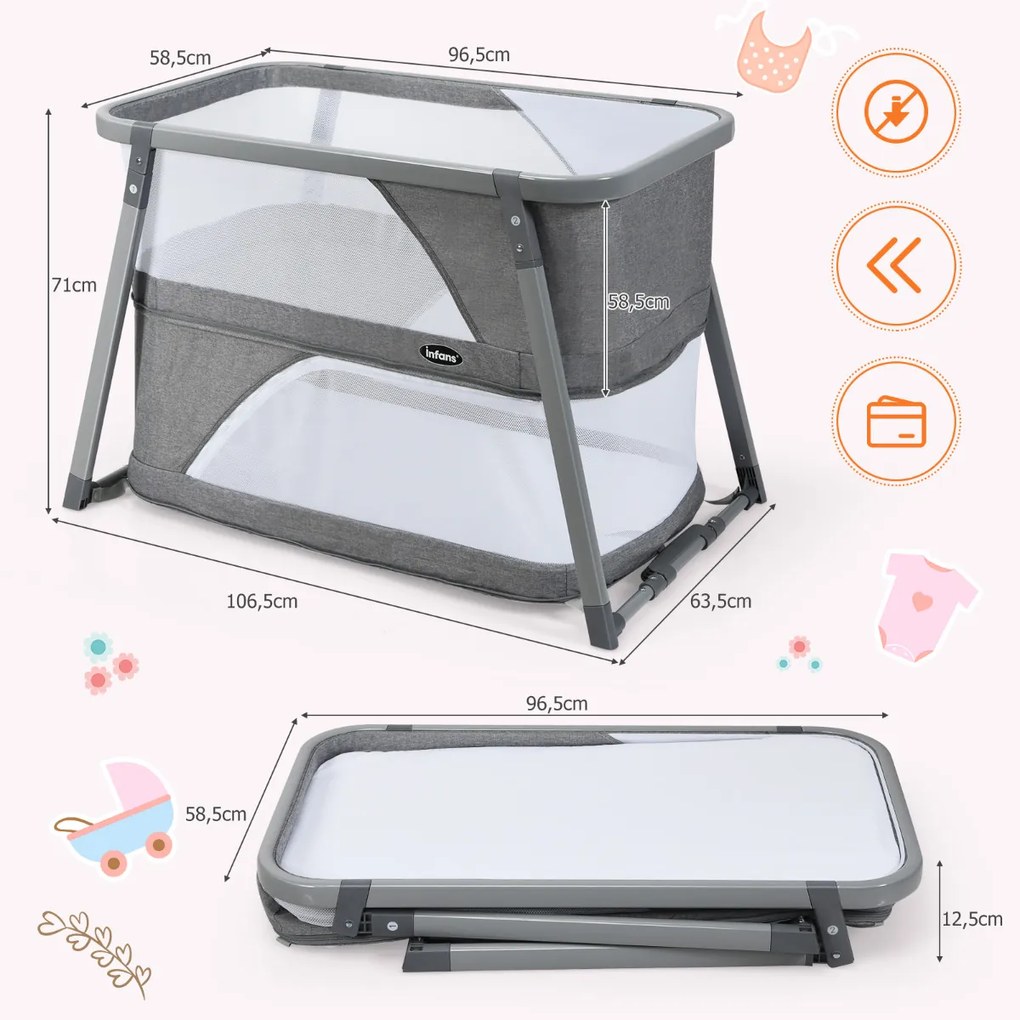 Cama de baloiço para bebé 3 em 1 dobrável com colchão macio 106,5 x 63,5 x 71 cm cinzento