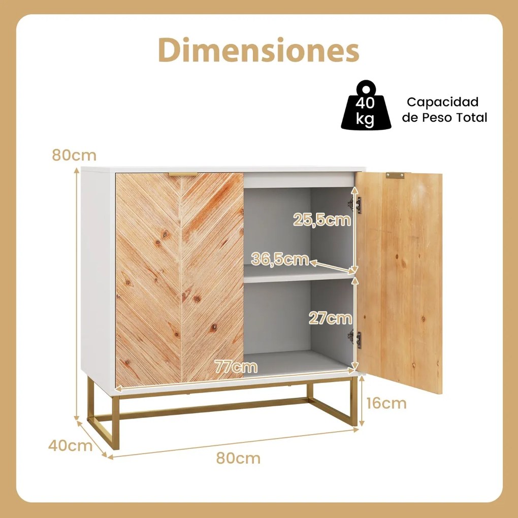 Armario de arrumação com portas e pernas de metal para sala de estar Sala de jantar 80 x 40 x 80 cm Branco