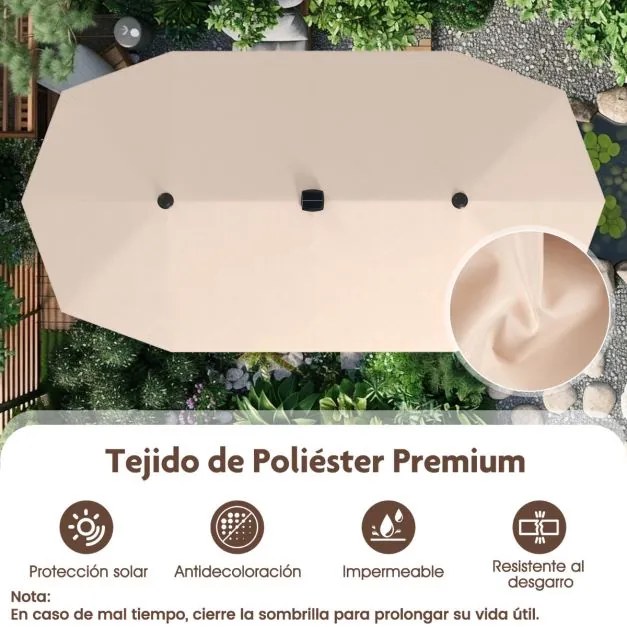 Guarda-sol grande 392 cm com luzes LED solares, manivela, 12 hastes, retangular de duas faces Bege