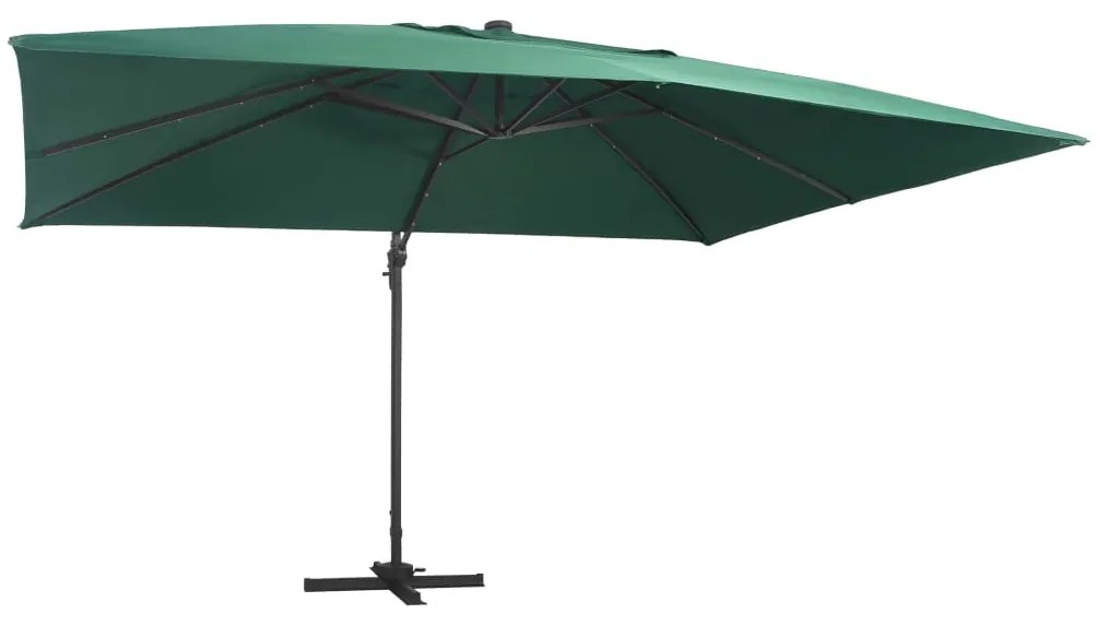 Guarda-sol cantilever luzes LED/poste alumínio 400x300 cm verde