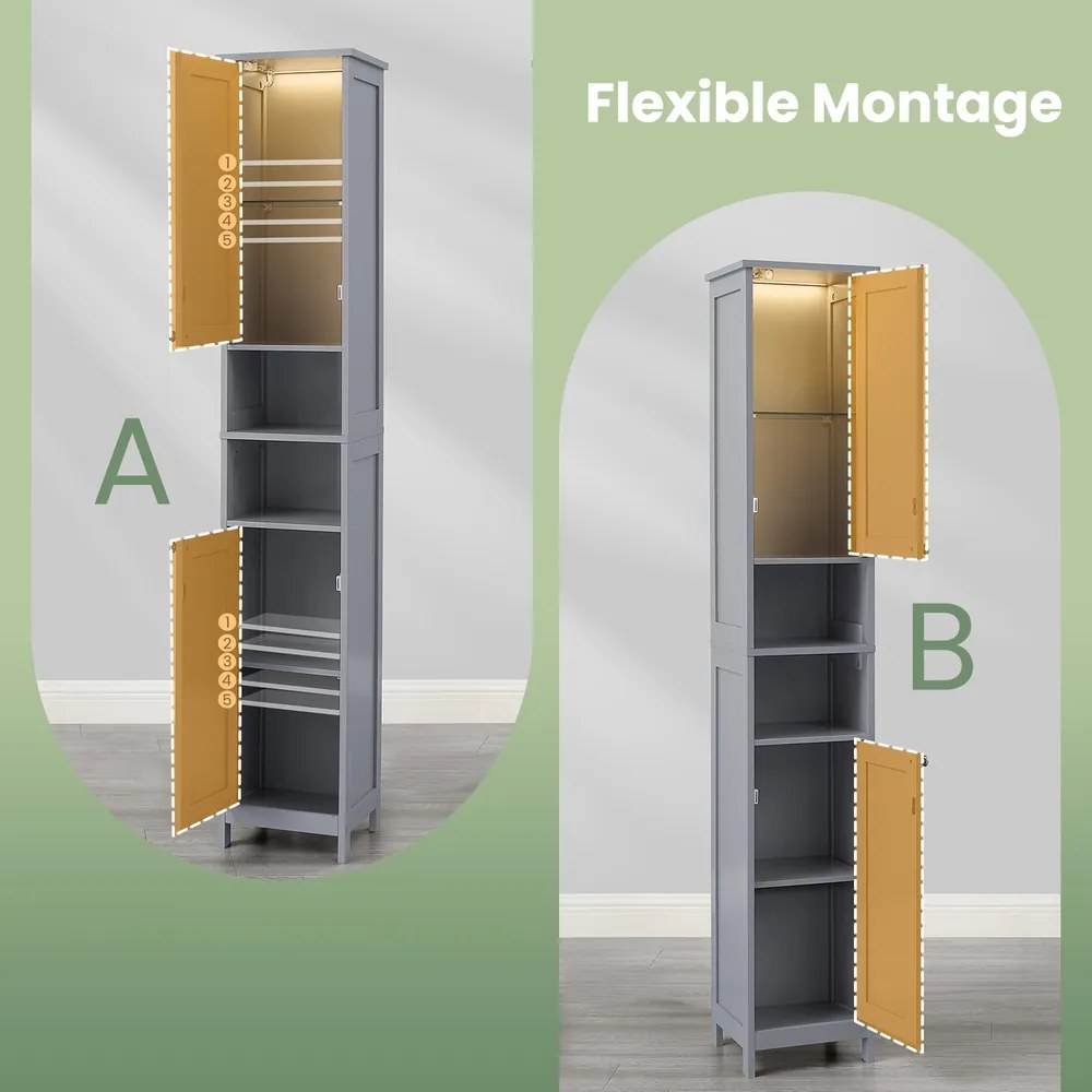 Armário alto para casa de banho com iluminação 30,1 x 30,1 x 170,1 cm, prateleiras ajustáveis, compartimentos abertos Cinzento