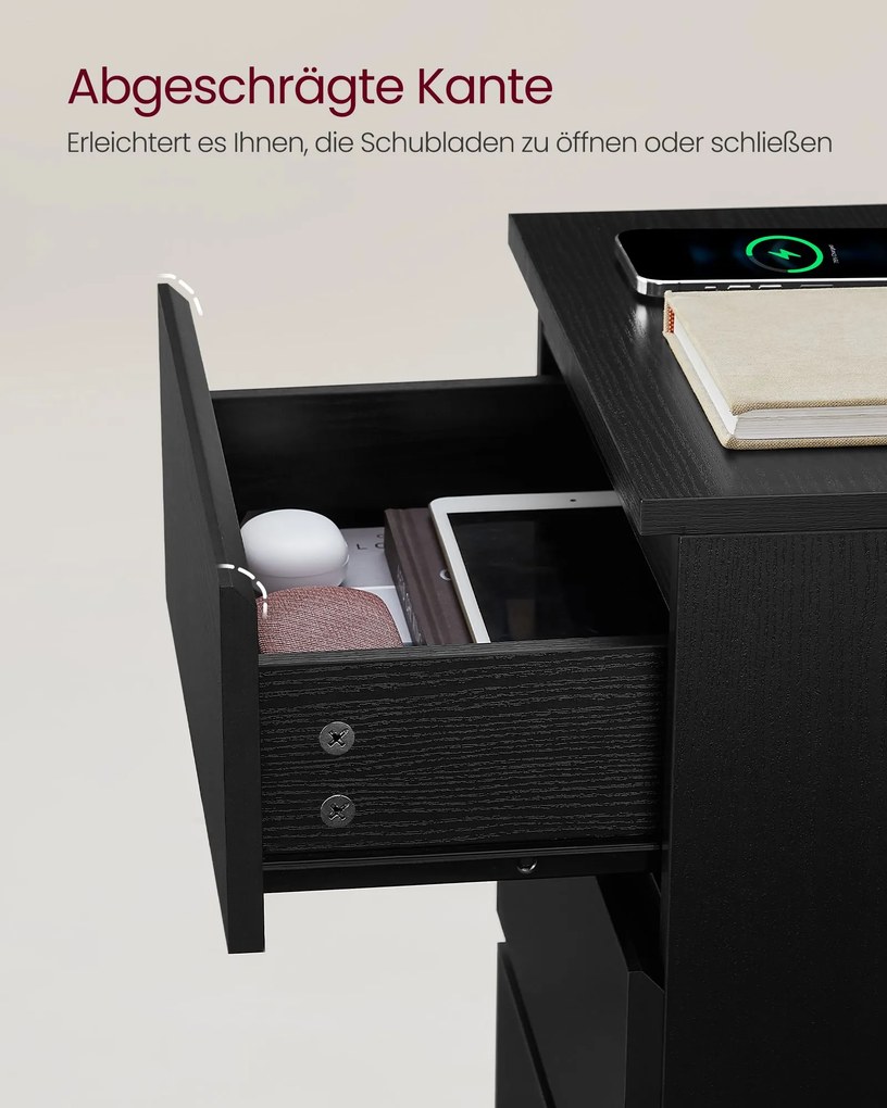 Mesa de cabeçeira com 2 tomadass e 2 portas USB e 3 gavetas moderna 35 x 40 x 59 cm preto