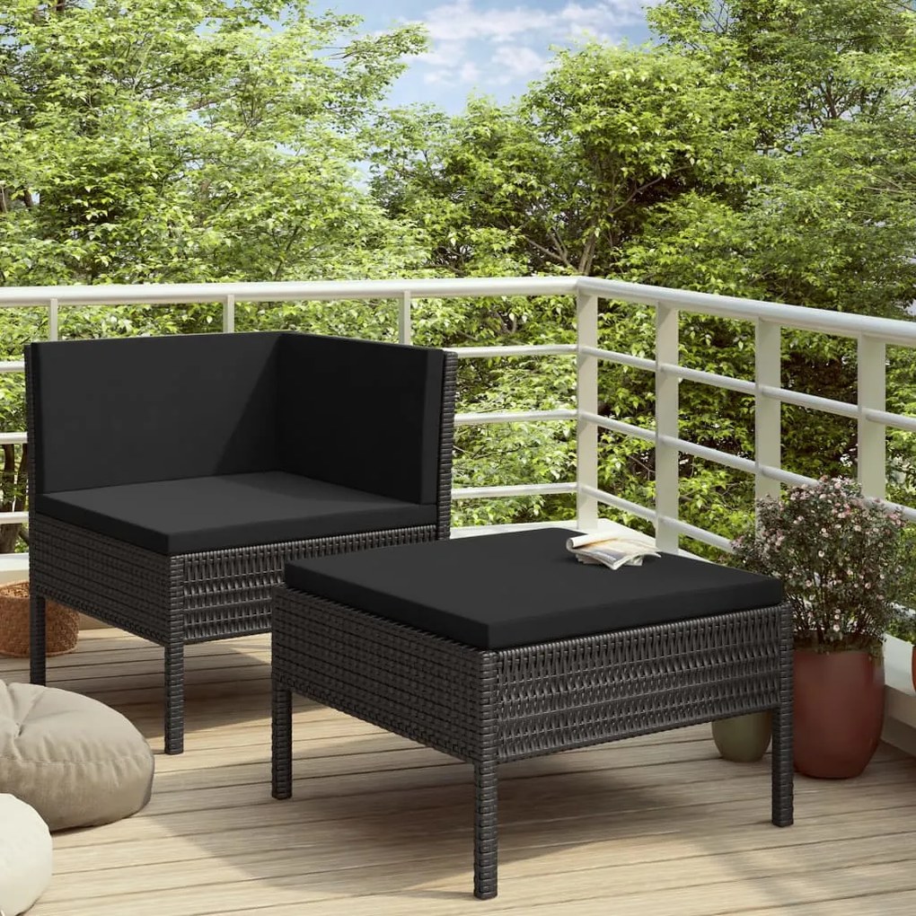 vidaXL 2 pcs conjunto lounge de jardim c/ almofadões vime PE preto