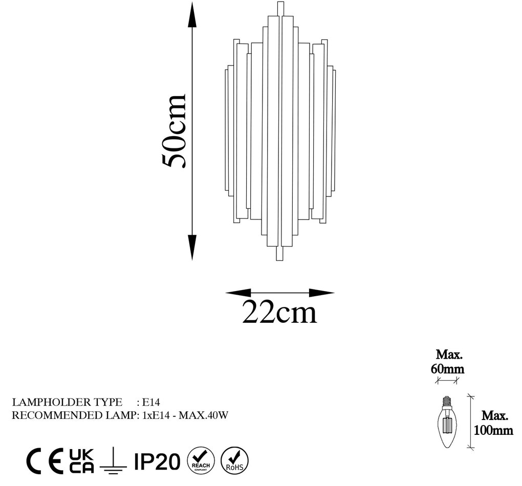Aplique de Parede Reis – Preto – 22 cm x 50 cm x 11 cm