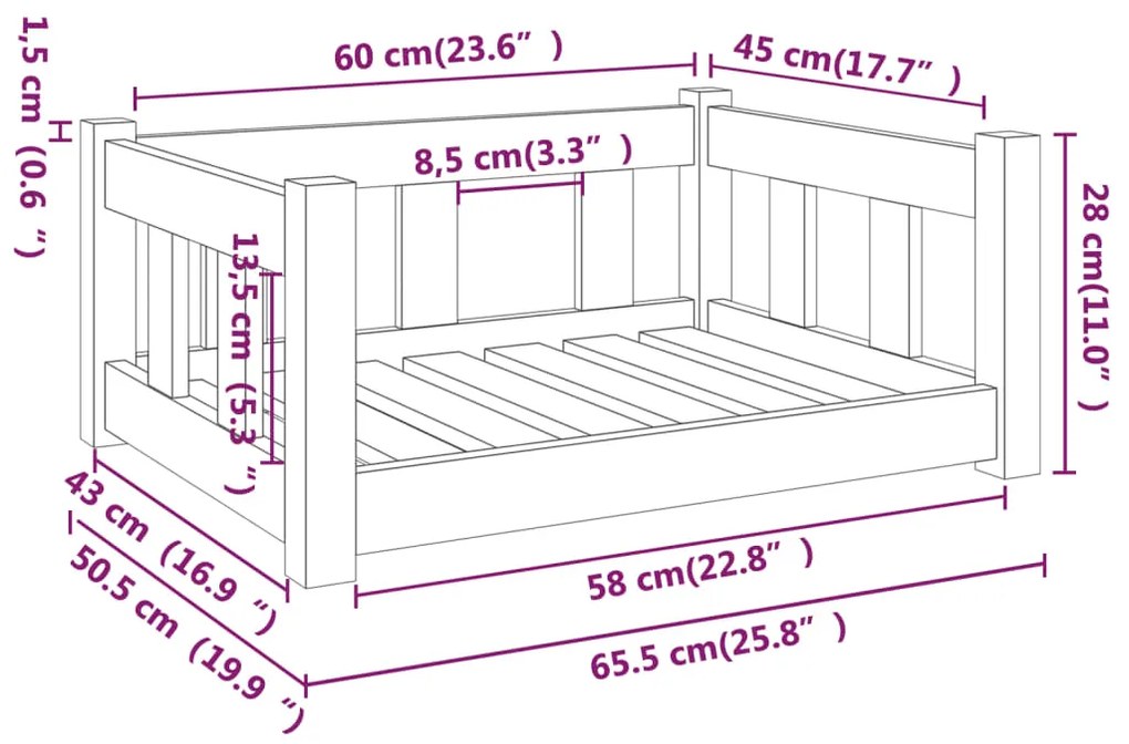 Cama para cães 65,5x50,5x28 cm madeira de pinho maciça branco