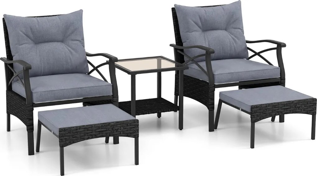 Conjunto de móveis jardim de vime de 5 peças com pufes, almofadas e mesa auxiliar de vidro temperado de 2 níveis para jardim, varanda, preto e cinza e