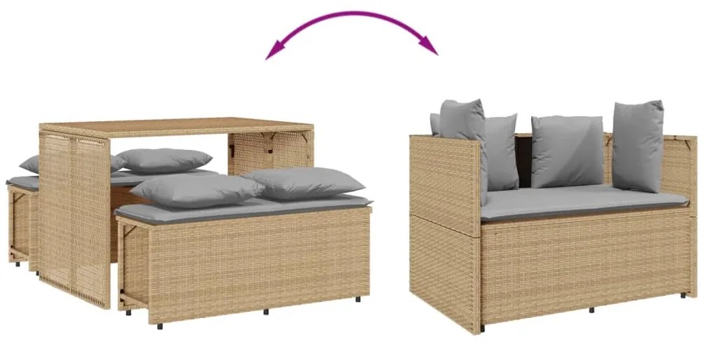 3 pcs conjunto de jantar p/ jardim com almofadões vime PE bege