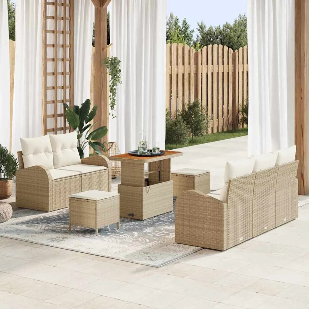 Conjunto de Sofá de Jardim de 8 Peças com Almofadas Beiges em Rattan d