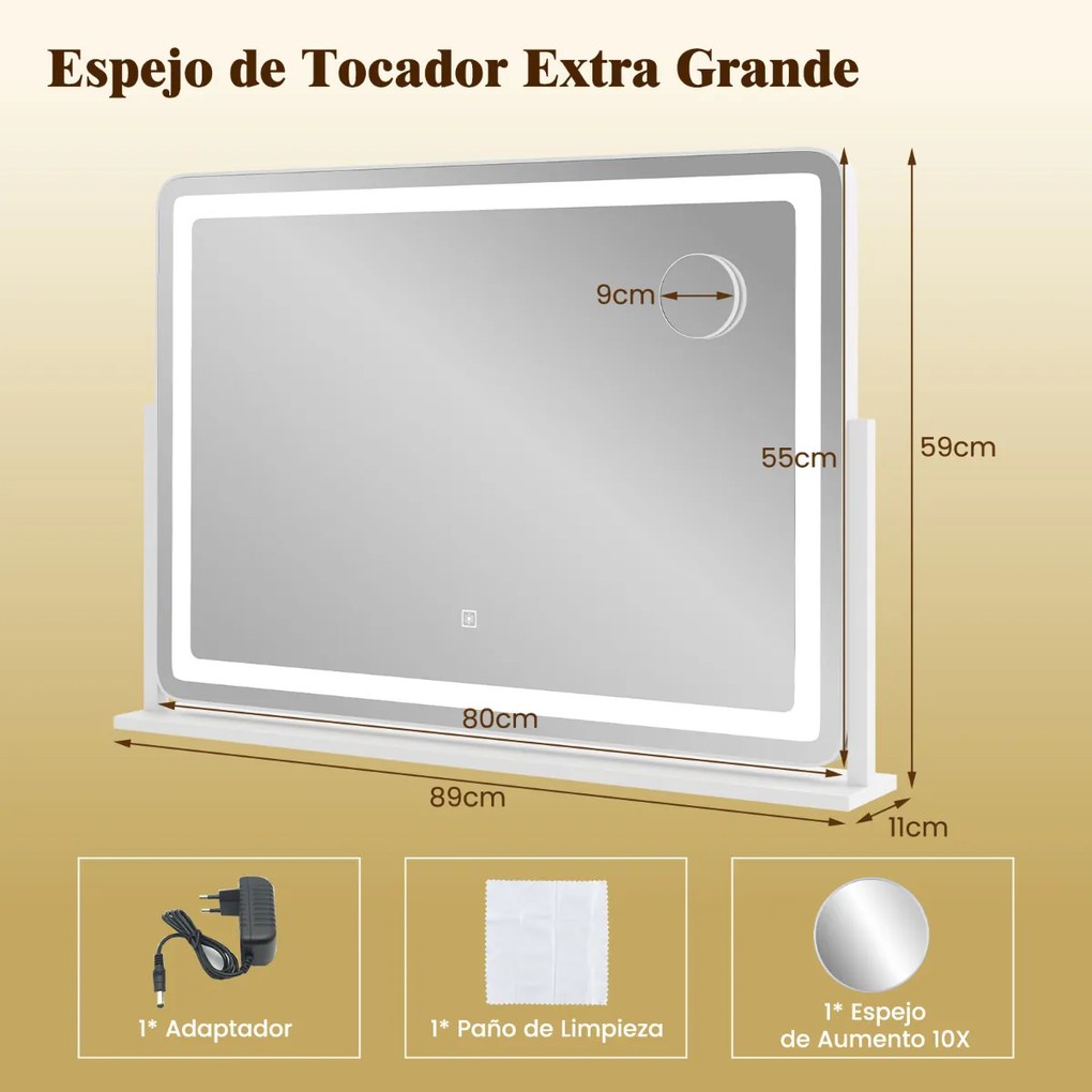 Espelho de maquilhagem com luzes grande de 80 x 55 cm com espelho de aumento de 10X Controlo tátil 3 modos de iluminação Branco