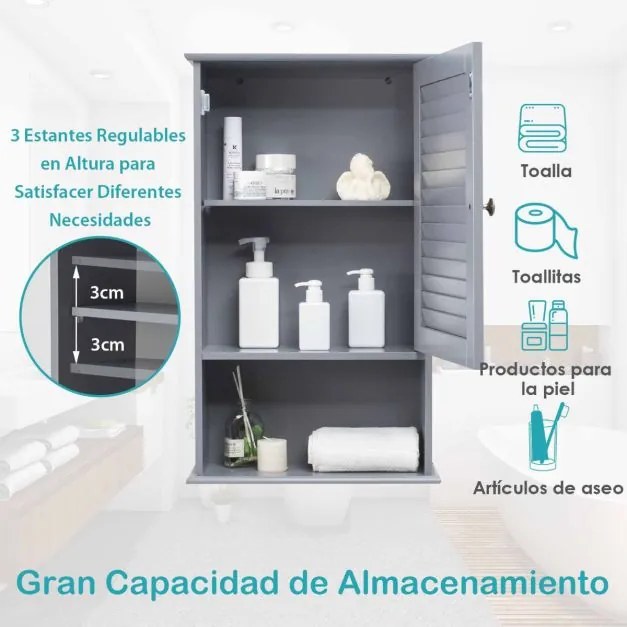 Armário de parede para casa de banho com porta e 3 estantes em MDF para arrumação de toalhas 42 x 17 x 70 cm Cinzento