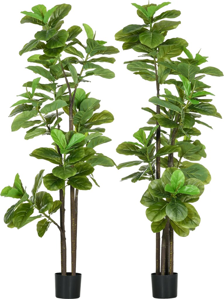 Conjunto de 2 plantas artificiais de figueira com 180 cm de altura de folhas de violino (Ficus Lyrata), e vaso Verdes