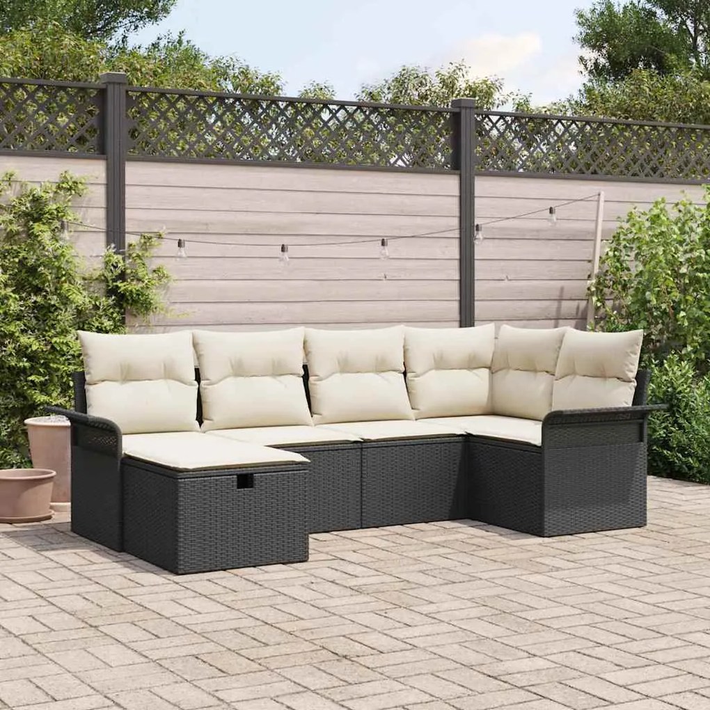 Conjunto de Sofás de Jardim 6 Peças com Almofadas Preto Rattan Poliést