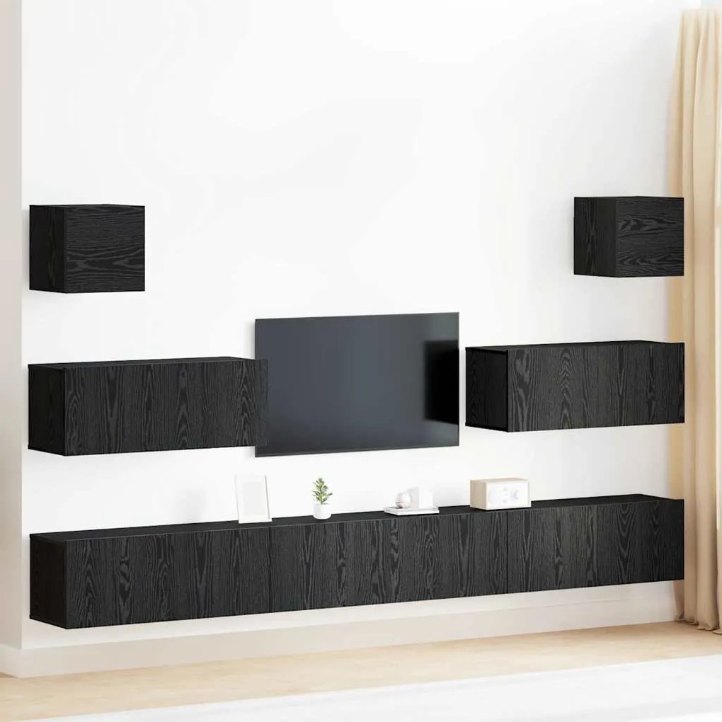vidaXL Conjunto de Painel de TV de 7 peças - Montado na parede, Carvalho Preto, Madeira engenheirada