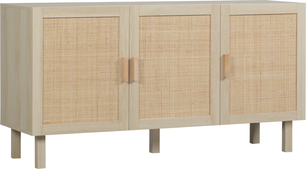 HOMCOM Aparador para Sala 3 Portas com Efeito Vime e Prateleiras Reguláveis Estilo Boho 136x41x70 cm | Aosom Portugal
