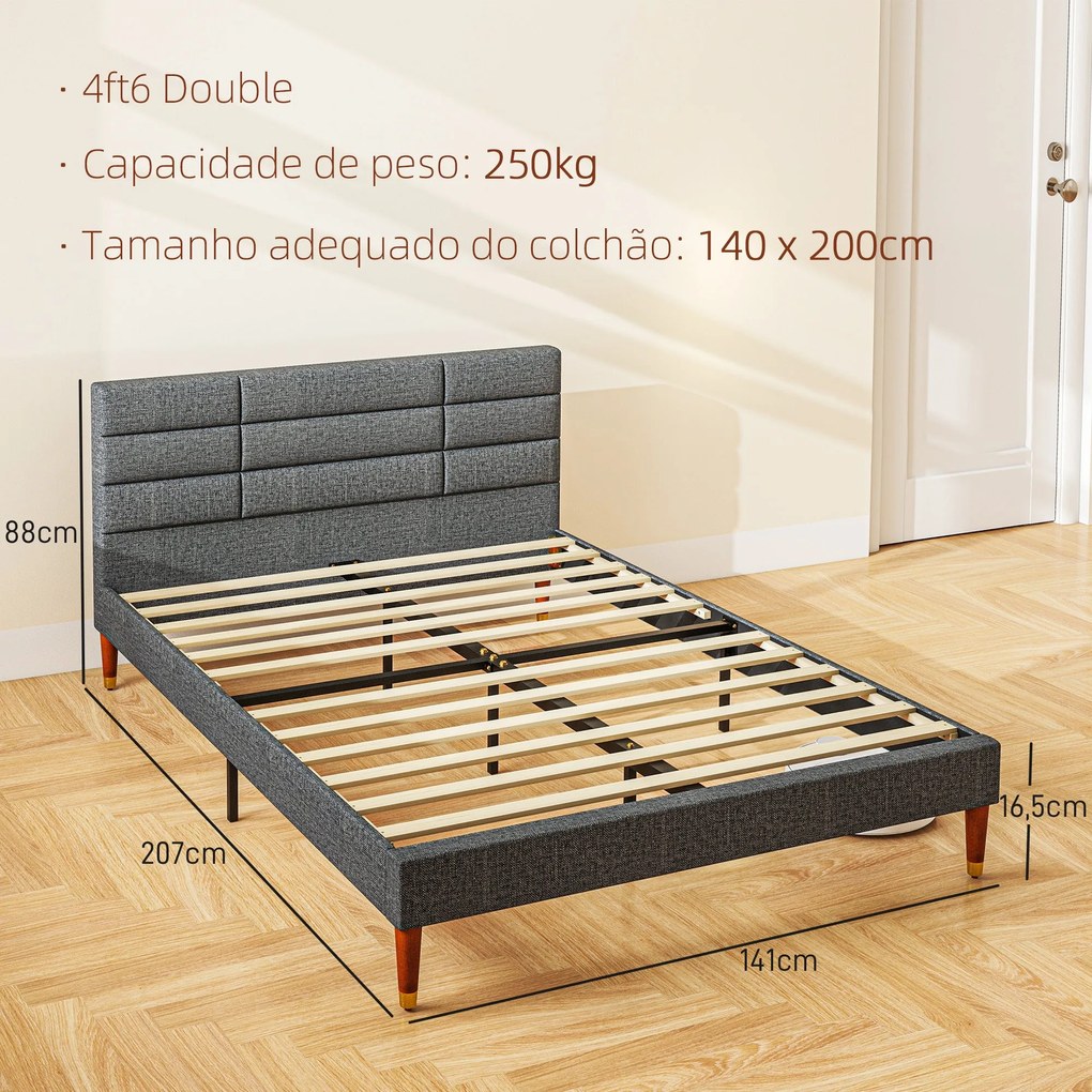 Cama 140x200 cm Estrutura de Cama com Cabeceira Estofada em Linho e Es