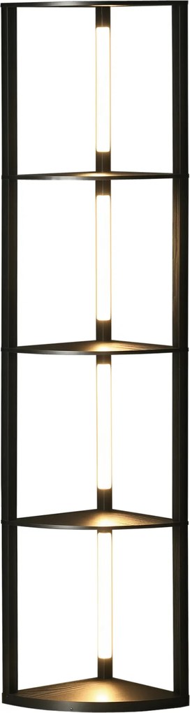Candeeiro de pé com prateleiras de canto de 4 níveis, lâmpada LED com regulador de intensidade, 41 x 29,5 x 163,5 cm, preto