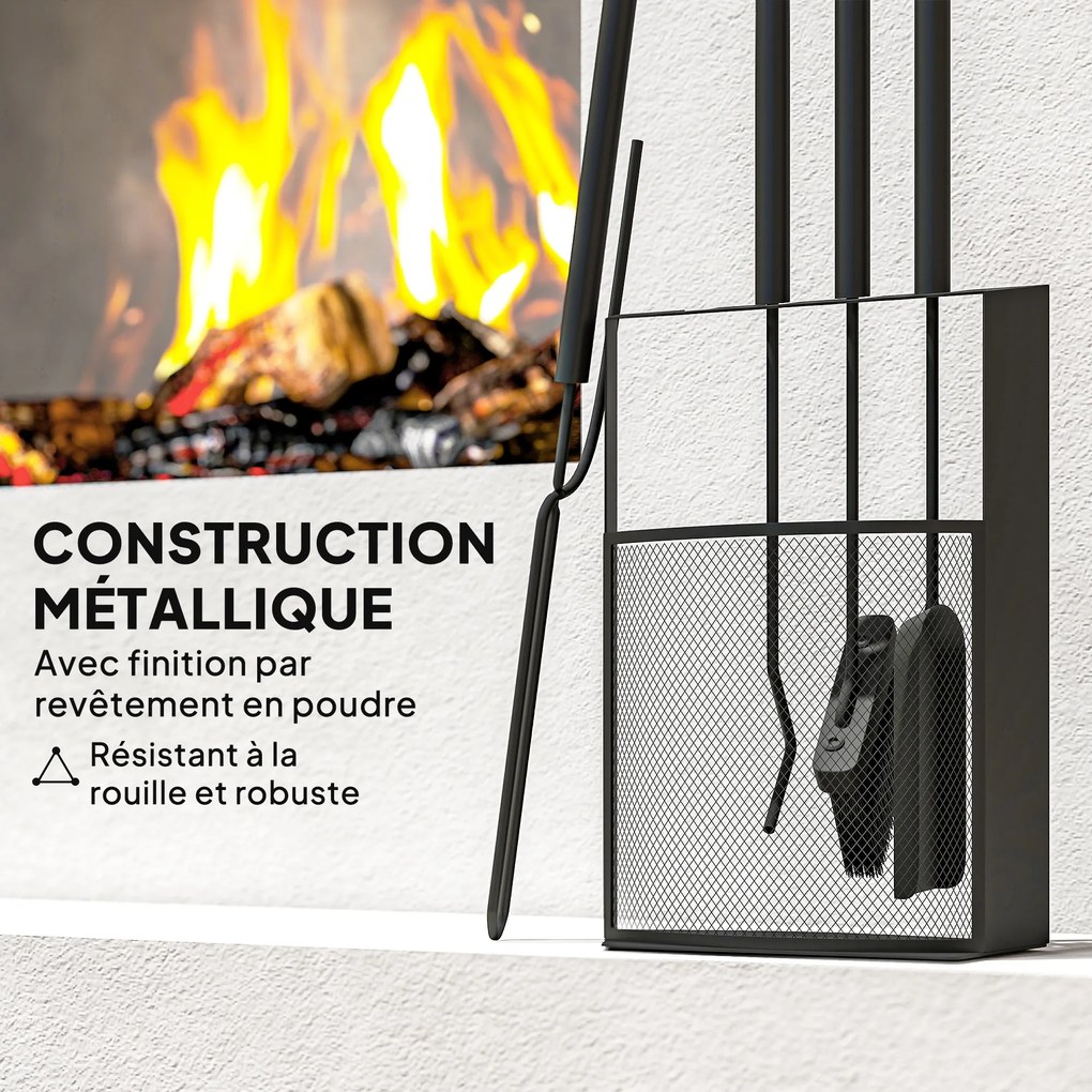 Conjunto de utensílios para lareira de 5 peças em metal, com vassoura, pá, atiçador, par de pinças e suporte, 28 x 13 x 59,5 cm, preto