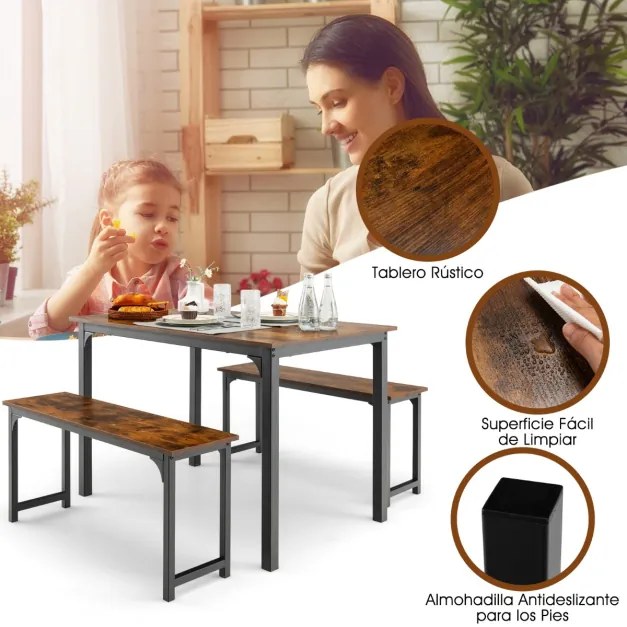 Conjunto de mesa de jantar de 3 peças com estrutura de metal e 2 bancos para 2-4 pessoas móveis de mesa para cozinha Castanho + Preto