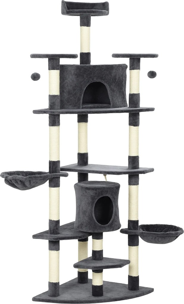PawHut Árvore Arranhador para Gatos Alta com Casinhas e Redes, 60x60x200cm, Cinza Escuro | Aosom Portugal