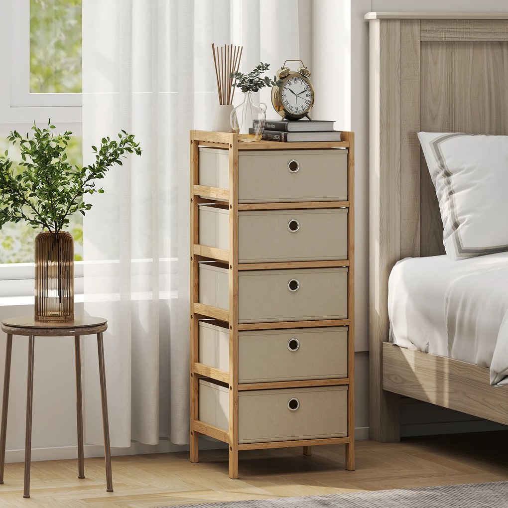 Cómoda com 5 Gavetas em Tecido, Estrutura de Bambu, Ideal para Espaços Pequenos, Creme e Madeira