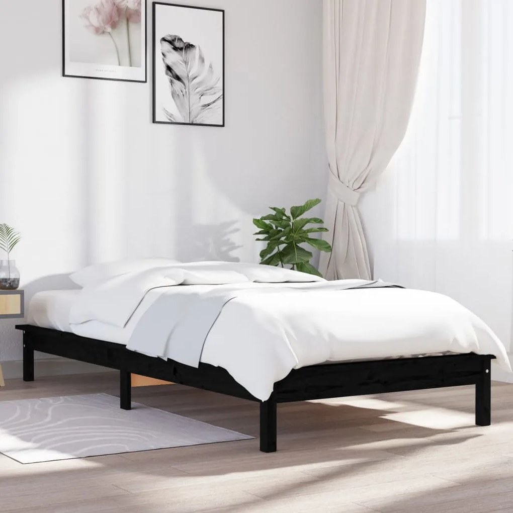 Estrutura cama de solteiro pequena 75x190 cm pinho maciço preto