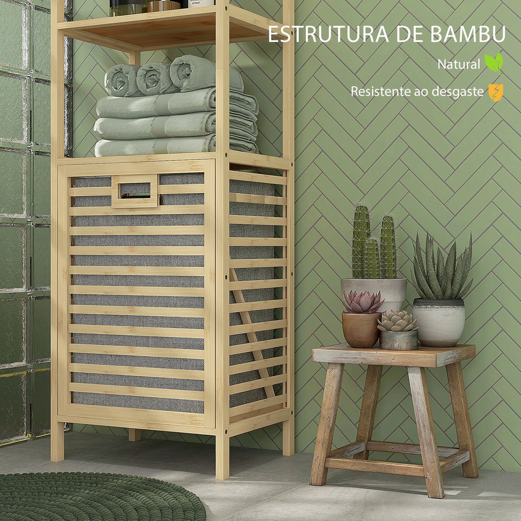 Estante de Casa de Banho em Bambu com 3 Prateleiras e 1 Cesto para Roupa Suja Removível 44x33x160 cm Natural