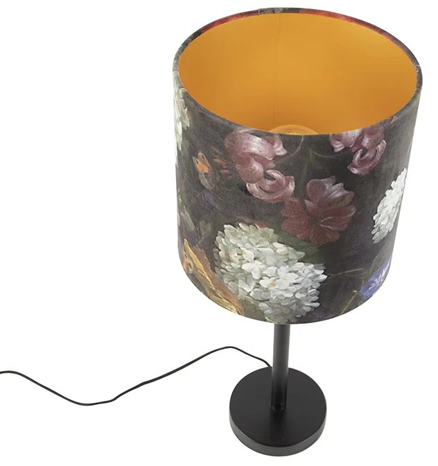 Candeeiro de mesa romântico preto com abajur floral 25 cm - Simplo Moderno