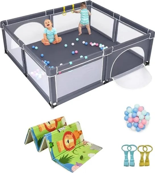 Conjunto 2 em 1 Parque de atividades bebés portátil 206 x 185,5 x 68 cm e tapete reversível para crianças com material seguro cinza escuro + zoológico