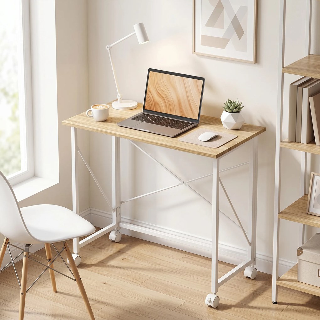 Secretária Dobrável com Rodas Mesa de Secretária Compacta Portátil para Espaços Pequenos 80x40x75 cm Madeira e Branco