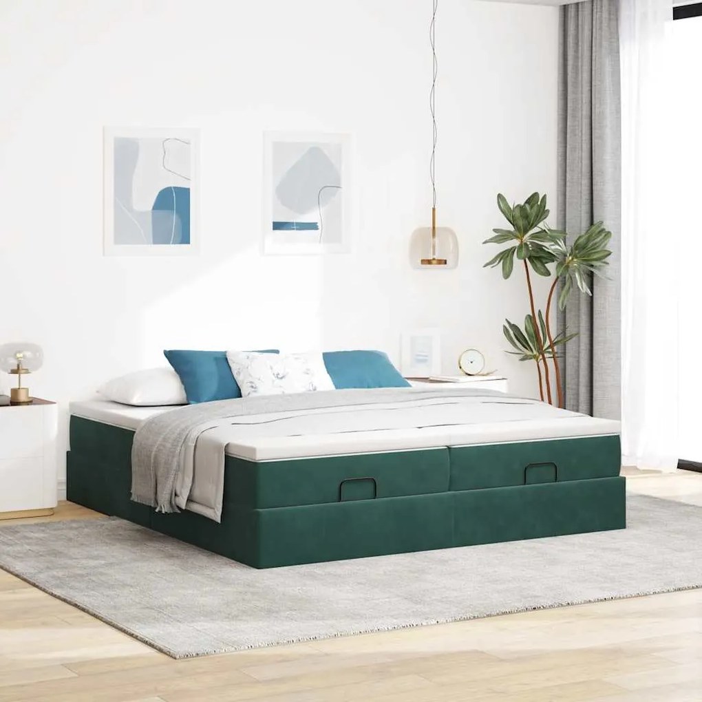 Estrutura de cama otomana com colchão verde escuro Veludo