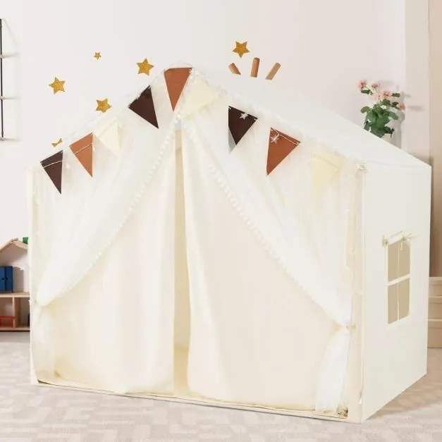 Tenda para crianças 120 x 105 x 140 cm Estrutura de madeira sólida e tapete de algodão, casa com loja, porta e janela bege