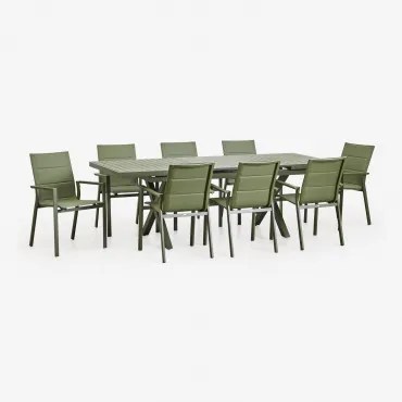 Conjunto De Mesa Extensível Retangular Karena 180-240x90 Cm E 8 Cadeiras De Jardim Empilháveis Com Braços De Alumínio Verde Azeitona Intenso - Sklum