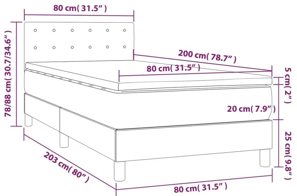 Cama box spring c/ colchão e LED 80x200 cm tecido preto