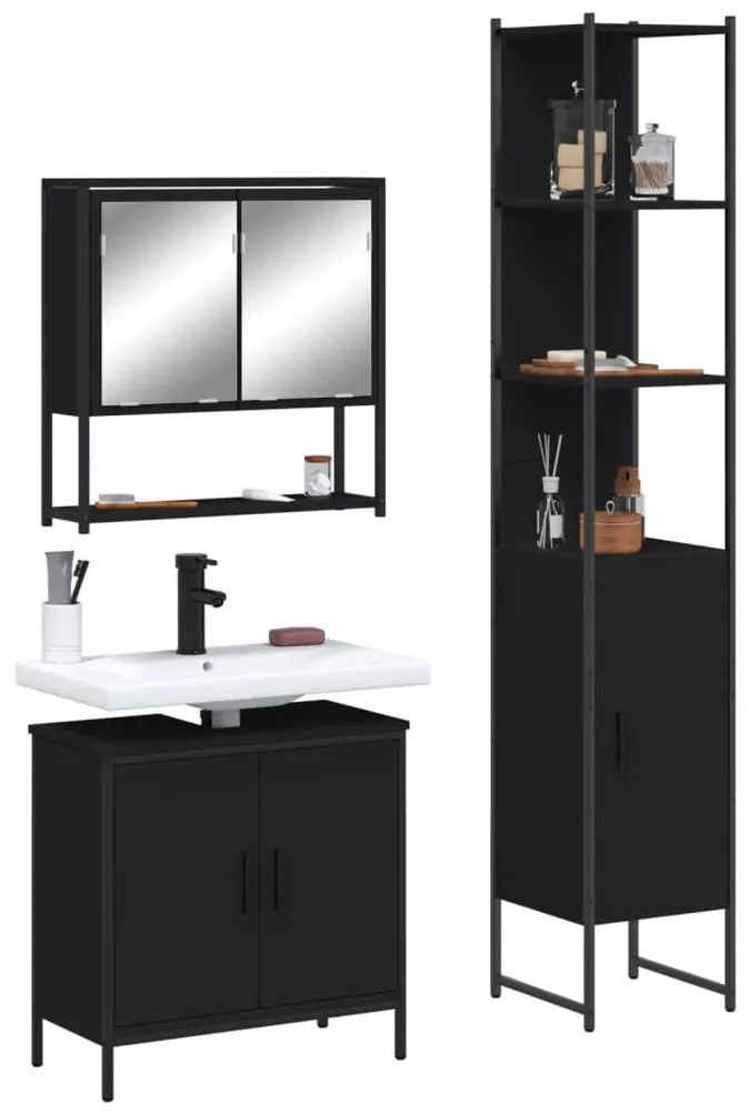 vidaXL 3 pcs conjunto móveis casa de banho derivados de madeira preto