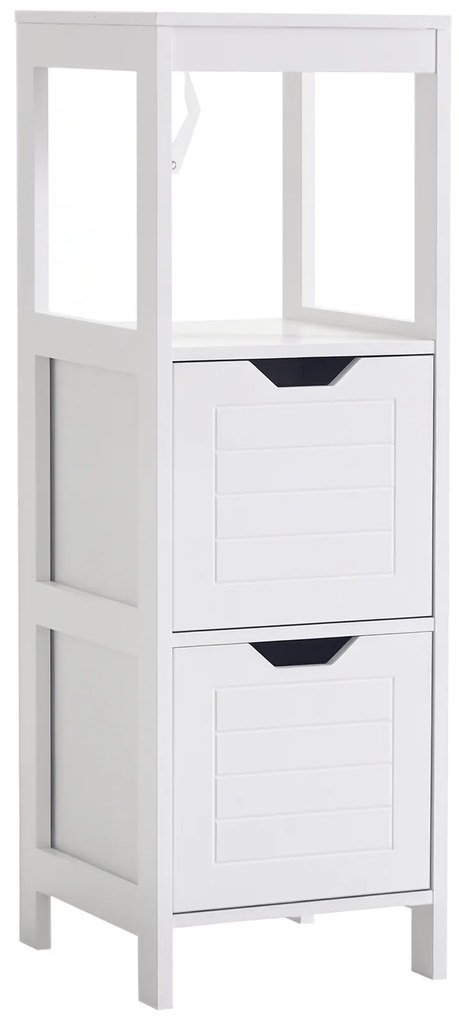 Kleankin Armário de banheiro Armário multifuncional com prateleira aberta 2 gavetas de armazenamento Design anti-dica 30x30x89 cm Branco