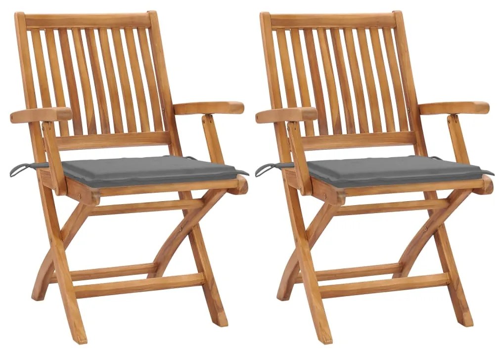 vidaXL Cadeiras de jardim c/ almofadões cinzentos 2 pcs teca maciça