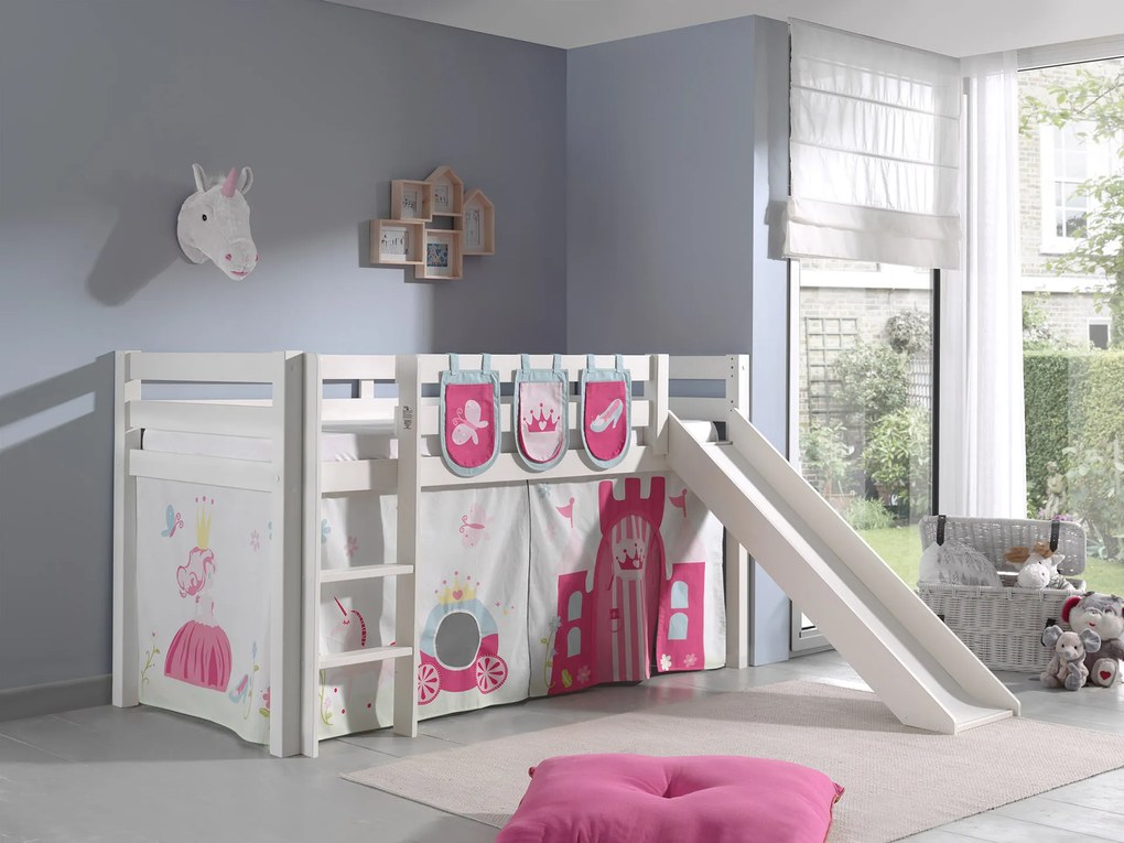 Conjunto Cama alta de Criança PINO 90 x 200 cm + estrado + escada + escorrega + cortina + 3 bolsas Princesa branca