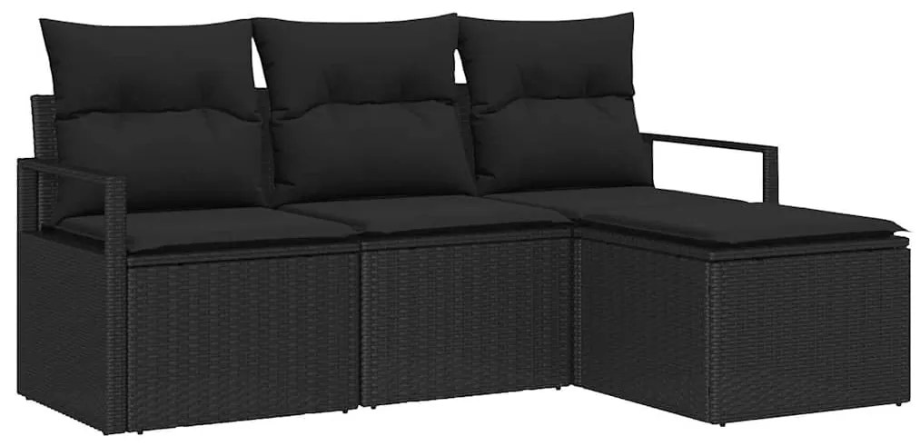 Conjunto de Sofá de Jardim com 4 Peças e Almofadas, Preto, Rattan, Pol