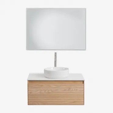 Conjunto De Móvel De Casa De Banho Suspenso 80x50 Cm Em Madeira De Freixo Tedrik Castanho Fresno & Cerâmica Redonda Branca Ø40 Cm - Sklum