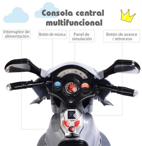 Moto eléctrica para crianças com bateria 6 V com 3 rodas Música incorporada, luzes, velocidade para a frente e marcha-atrás Cinzenta