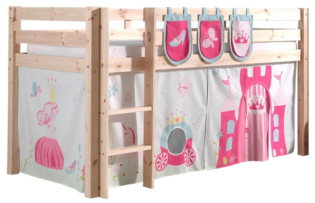 Conjunto Cama alta de Criança PINO 90 x 200 cm + estrado + escada + cortina + 3 bolsas Princesa Natural