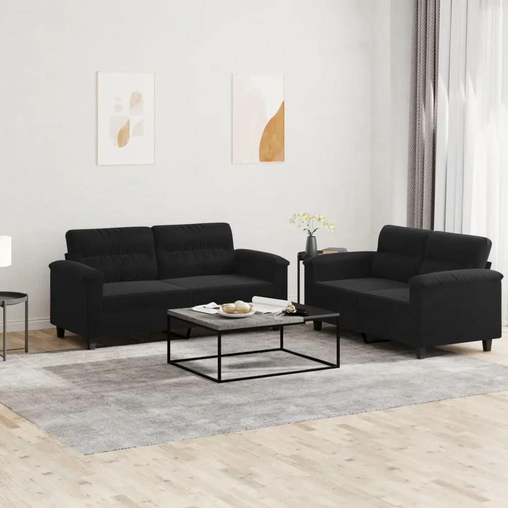 2 pcs conj. sofás c/ almofadões tecido de microfibra preto