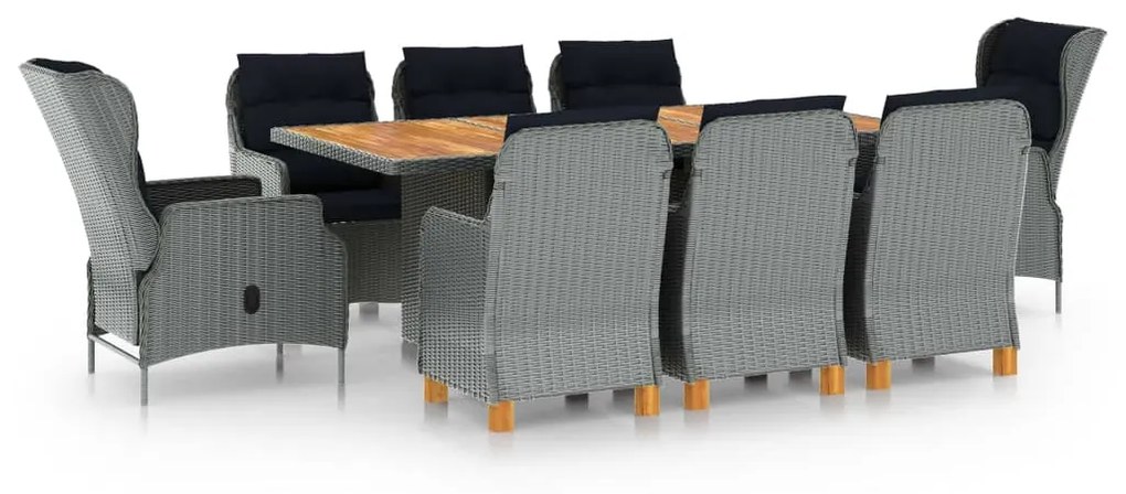 vidaXL 9 pcs conj. jantar exterior + almofadões vime PE cinzento-claro