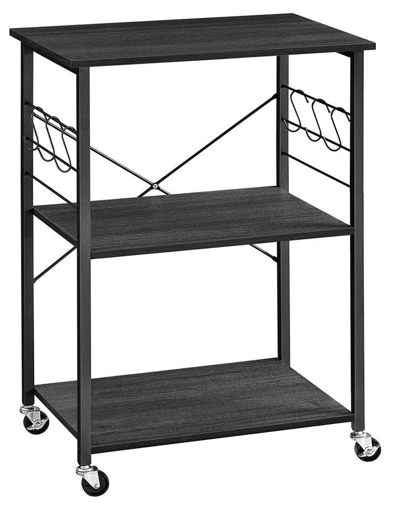 Prateleira de cozinha sobre rodas VASAGLE, carrinho de servir com 3 prateleiras, carrinho de cozinha, prateleira para micro-ondas, para miniforno, torradeira, com 6 ganchos, estilo industrial, acabamento em carvalho ebanizado e preto KKS060B42