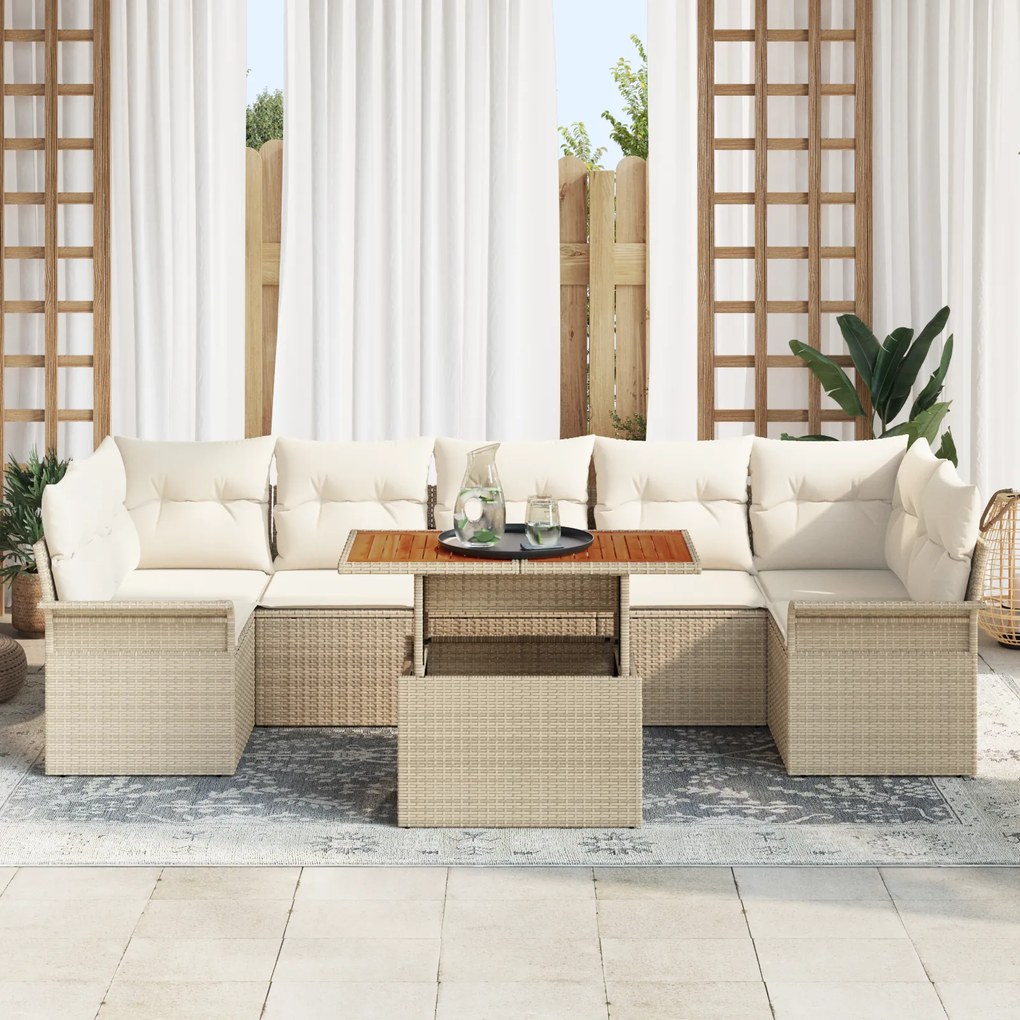 Conjunto de Sofás de Jardim vidaXL de 8 Peças com Almofadas Bege Ratta