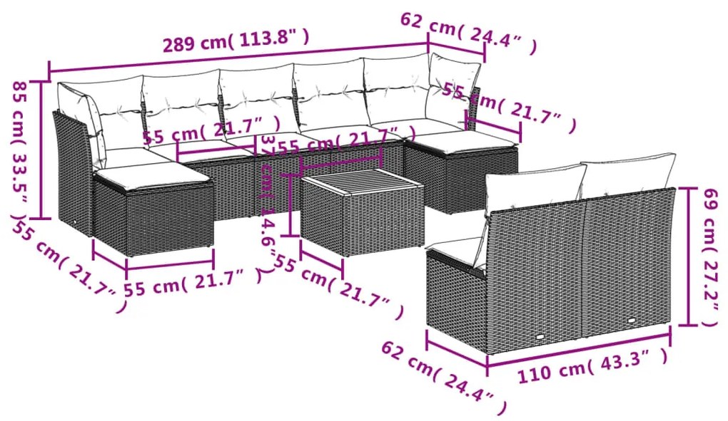 10 pcs conjunto sofás de jardim c/ almofadões vime PE preto
